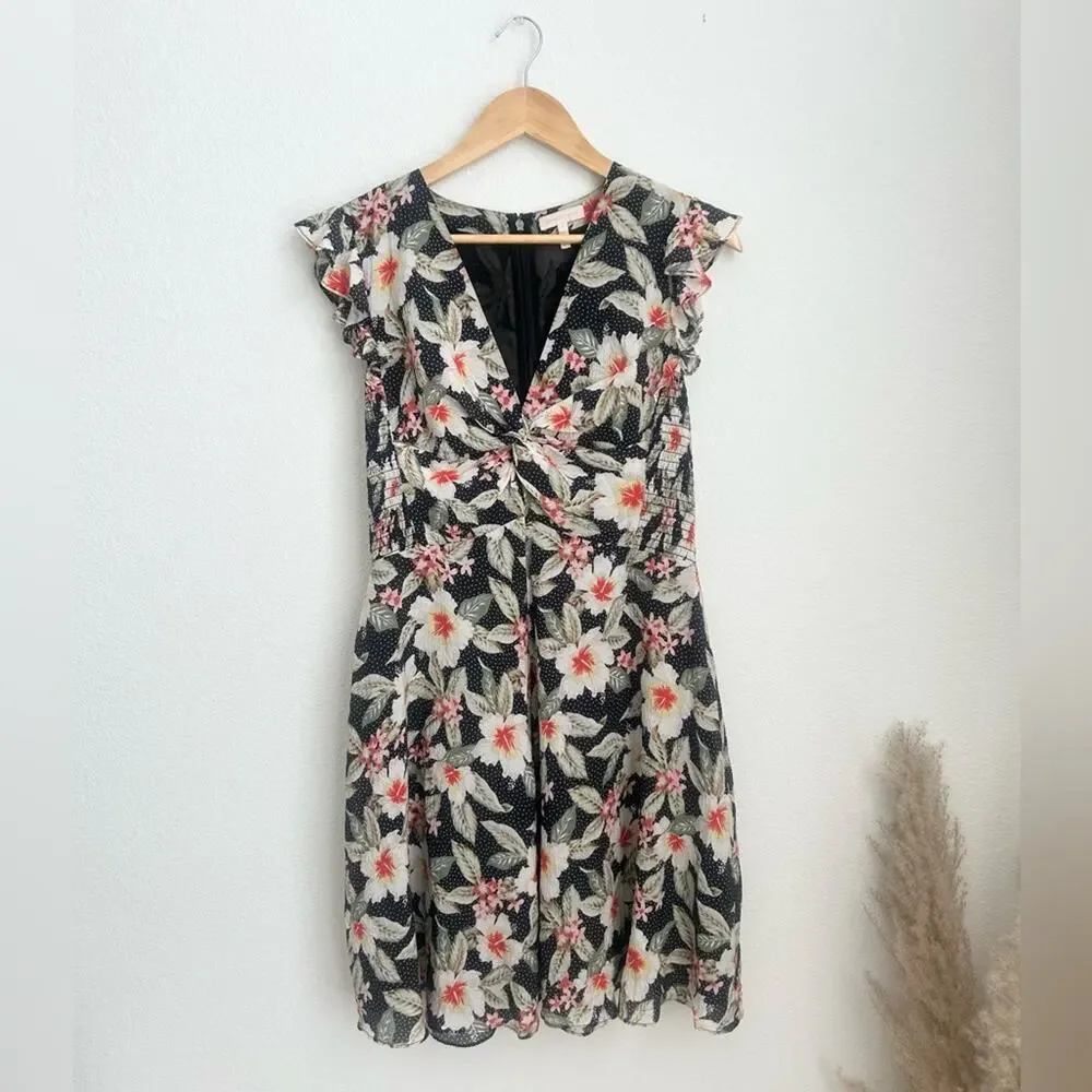 Rebecca Taylor Kamea Fleur Silk V-Neck Floral Mini Dress Smocked Flutter Y2K